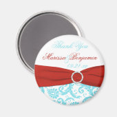 アクアブルーとホワイトのダマスク柄 ウェディング フェイバー マグネット (正面/裏面)