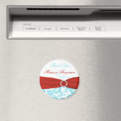 アクアブルーとホワイトのダマスク柄 ウェディング フェイバー マグネット (インサイチュ (食洗機))