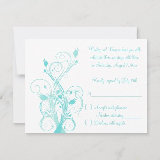 アクアブルーとホワイトの花柄の返信カード 招待状 (裏面)