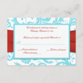 アクアブルーとホワイトの花柄ダマスクの返信カード 赤のリボン付き 出欠カード (裏面)