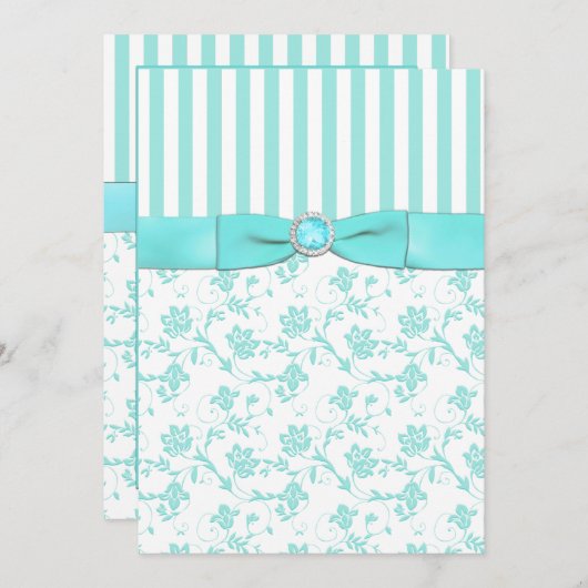 アクアブルーとホワイトストライプのフローラ結婚式の招待 招待状 (正面/裏面)