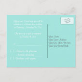 アクアブルーとホワイトストライプのフローラRSVPはがき インビテーションポストカード (裏面)