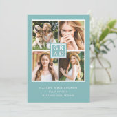 アクアブルーとホワイトフォトコラージュ卒業 案内状 (スタンド正面)