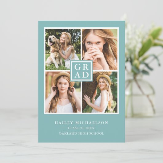 アクアブルーとホワイトフォトコラージュ卒業 案内状 (スタンド正面)