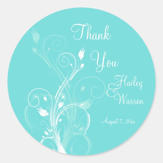 アクアブルーとホワイトフローラ結婚式の引き出物 ラウンドシール (正面)