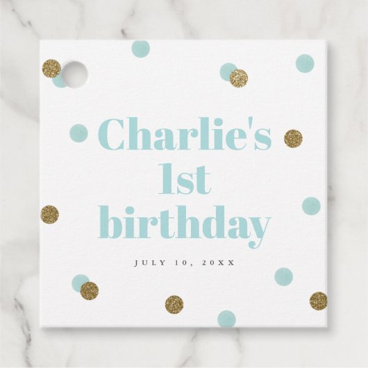 アクアブルーと金ゴールドの最初の誕生日パーティー フェイバータグ (正面)