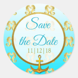 アクアブルーと金ゴールドシーホース日付シールを保存 ラウンドシール