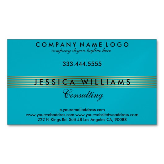 アクアブルーと金ゴールドストライプパターン マグネット名刺 (正面)