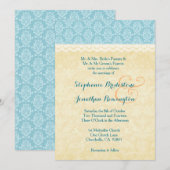 アクアブルーと金ゴールドダマスク結婚レースA01 招待状 (正面/裏面)