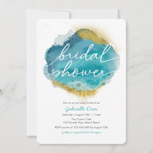アクアブルーと金ゴールド海ブライダルシャワー招待 招待状 (正面)