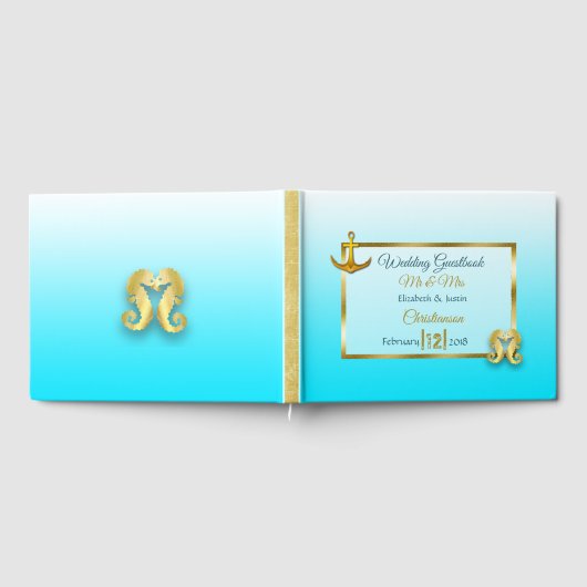 アクアブルーと金ゴールド結婚ハートの本 ゲストブック (全面)