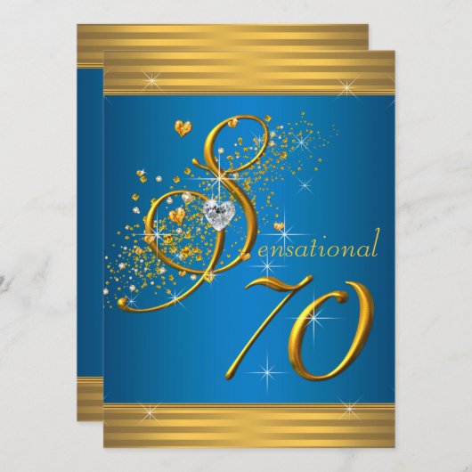 アクアブルーと金ゴールド70thバースデーパーティー 招待状 (正面/裏面)