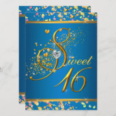 アクアブルーと金ゴールドSweet sixteenパーティー 招待状 (正面/裏面)