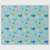 アクアブルーにジャングルリーフが施されたかわいいヒョウ ラッピングペーパー (フラット)