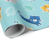 アクアブルーにジャングルリーフが施されたかわいいヒョウ ラッピングペーパー (ロールコーナー)