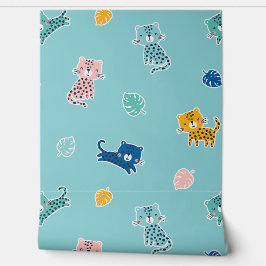 アクアブルーにジャングルリーフが施されたかわいいヒョウ 壁紙