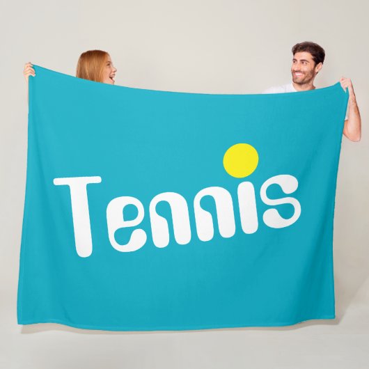 アクアブルーに白と黄色のTENNISの文字 フリースブランケット (インサイチュ)