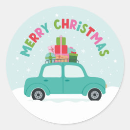 アクアブルーのクリスマスギフトを積んだ車 ラウンドシール