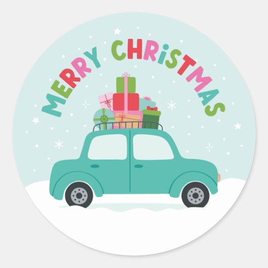 アクアブルーのクリスマスギフトを積んだ車 ラウンドシール (正面)
