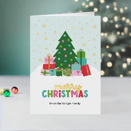 アクアブルーのクリスマスタリーとプレゼント 箔シーズンカード