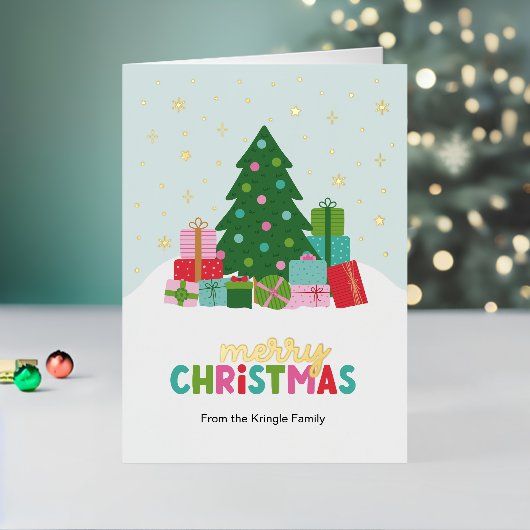 アクアブルーのクリスマスタリーとプレゼント 箔シーズンカード (クリスマスインサイチュ2)