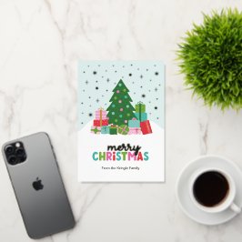 アクアブルーのクリスマスタリーとプレゼント 箔シーズンカード