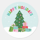 アクアブルーのクリスマスツリーとプレゼント Happy Holidays ラウンドシール (正面)