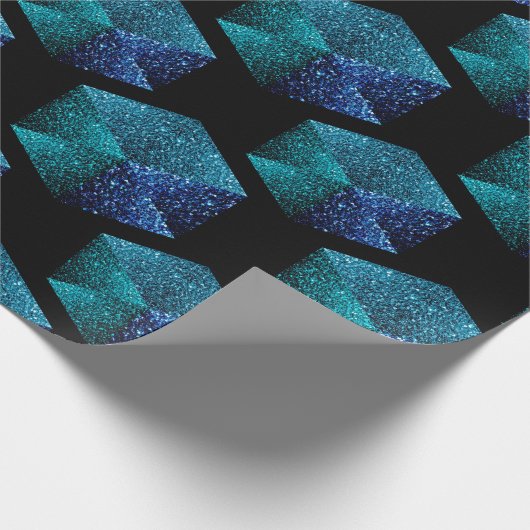 アクアブルーのスパークダイヤモンドの幾何学的な模様の黒 ラッピングペーパー (角)