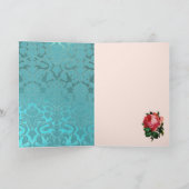 アクアブルーのダマスクにピンクのバラ ヴァレンタインデー シーズンカード (内部)