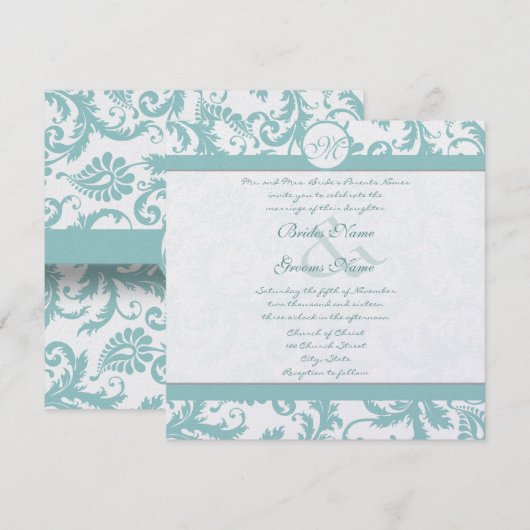 アクアブルーのダマスク柄の渦巻き ウェディング招待状 招待状 (正面/裏面)