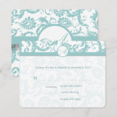 アクアブルーのダマスク柄の結婚式招待状 出欠カード (正面/裏面)