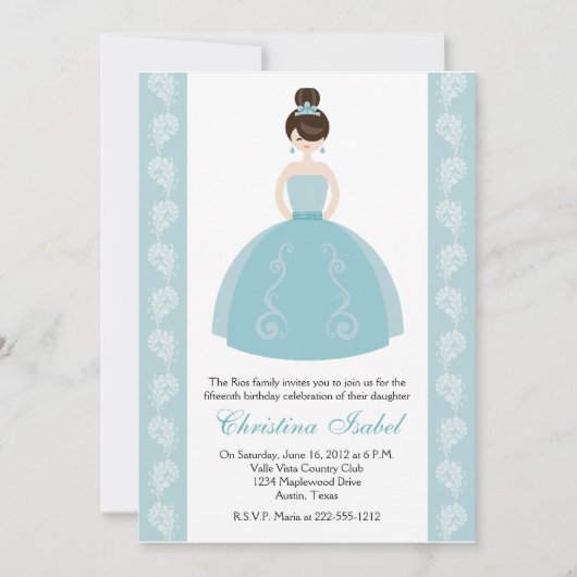 アクアブルーのドレスの黒髪の少女のキンセアニエラ招待状 招待状 (正面)