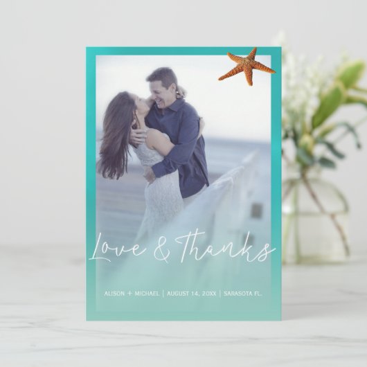 アクアブルーのヒトデ感謝していビーチ結婚式撮影 サンキューカード (スタンド正面)
