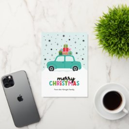 アクアブルーのプレゼント付きメリークリスマスカーズ 箔シーズンカード
