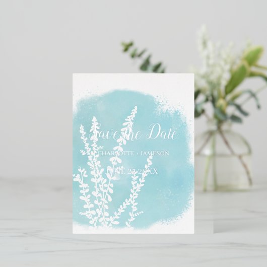 アクアブルーのボタニカルウォーターカラー洗浄箔招待状 箔招待状ポストカード (立ち正面)