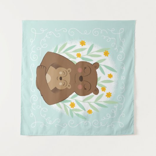 アクアブルーのママクマと赤ちゃんクマ タペストリー (正面(横))