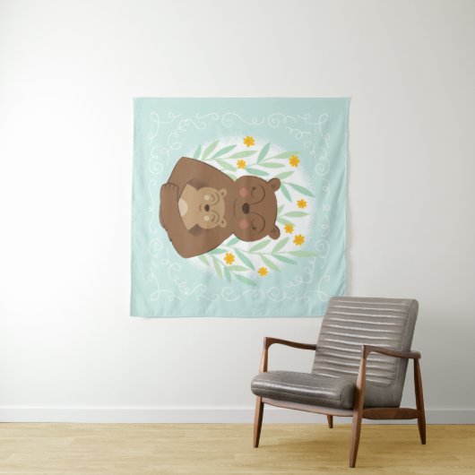 アクアブルーのママクマと赤ちゃんクマ タペストリー (インサイチュ(横))