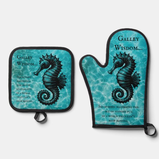 アクアブルーの一種のシーホースゲラウィズダム 鍋つかみ&鍋敷きセット (正面)