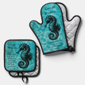 アクアブルーの一種のシーホースゲラウィズダム 鍋つかみ&鍋敷きセット (正面/裏面)