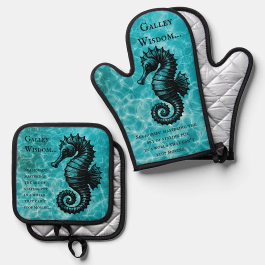 アクアブルーの一種のシーホースゲラウィズダム 鍋つかみ&鍋敷きセット (正面/裏面)