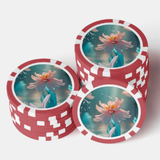 アクアブルーの水に浮かぶ夢のようなピンクの蓮と蝶 ポーカーチップ