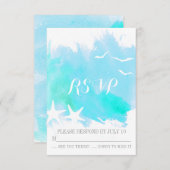 アクアブルーの水の色のスプラッシュ、ヒトデの結婚式RSVP 出欠カード (正面/裏面)