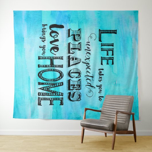 アクアブルーの水彩抽象タイポグラフィー名言 タペストリー (インサイチュ(横))