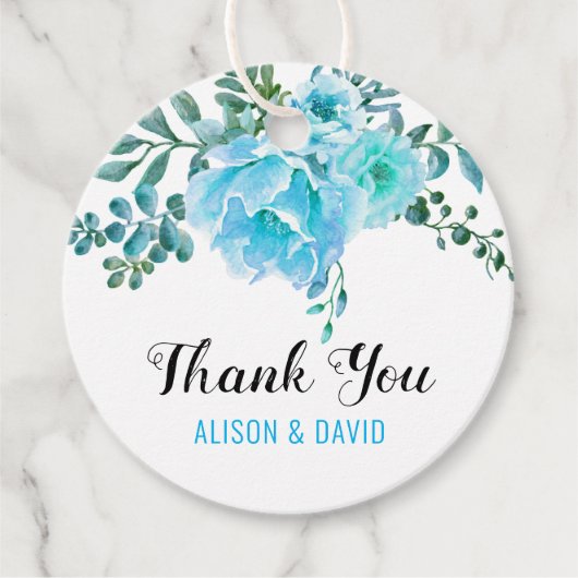 アクアブルーの水色の花結婚の感謝 フェイバータグ (正面)