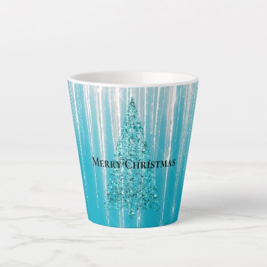 アクアブルーの氷柱が輝くクリスマスツリー カフェラテマグ (正面)