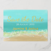 アクアブルーの海/ビーチの海岸　ゴールドで特別な日をセーブ 箔招待状 (正面)