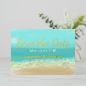 アクアブルーの海/ビーチの海岸　ゴールドで特別な日をセーブ 箔招待状 (立ち正面)