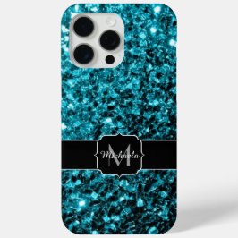 アクアブルーの疑似ラメスパークルモノグラム iPhone 15 PRO MAXケース