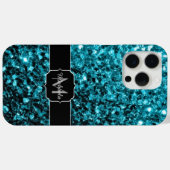 アクアブルーの疑似ラメスパークルモノグラム Case-Mate iPhoneケース (裏面 (横))