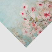 アクアブルーの背景にグランジ風のピンクの花と枝のパターン 薄葉紙 (詳細)